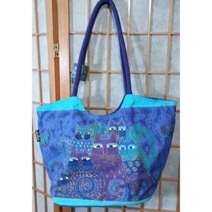Laurel Burch Shoulder Tote Bag Blue Purple Canvas  Cat Design Sequined Details